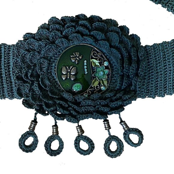 Vintage Crochet Knitted Boho Belt Green Wide - Picture 3 of 5